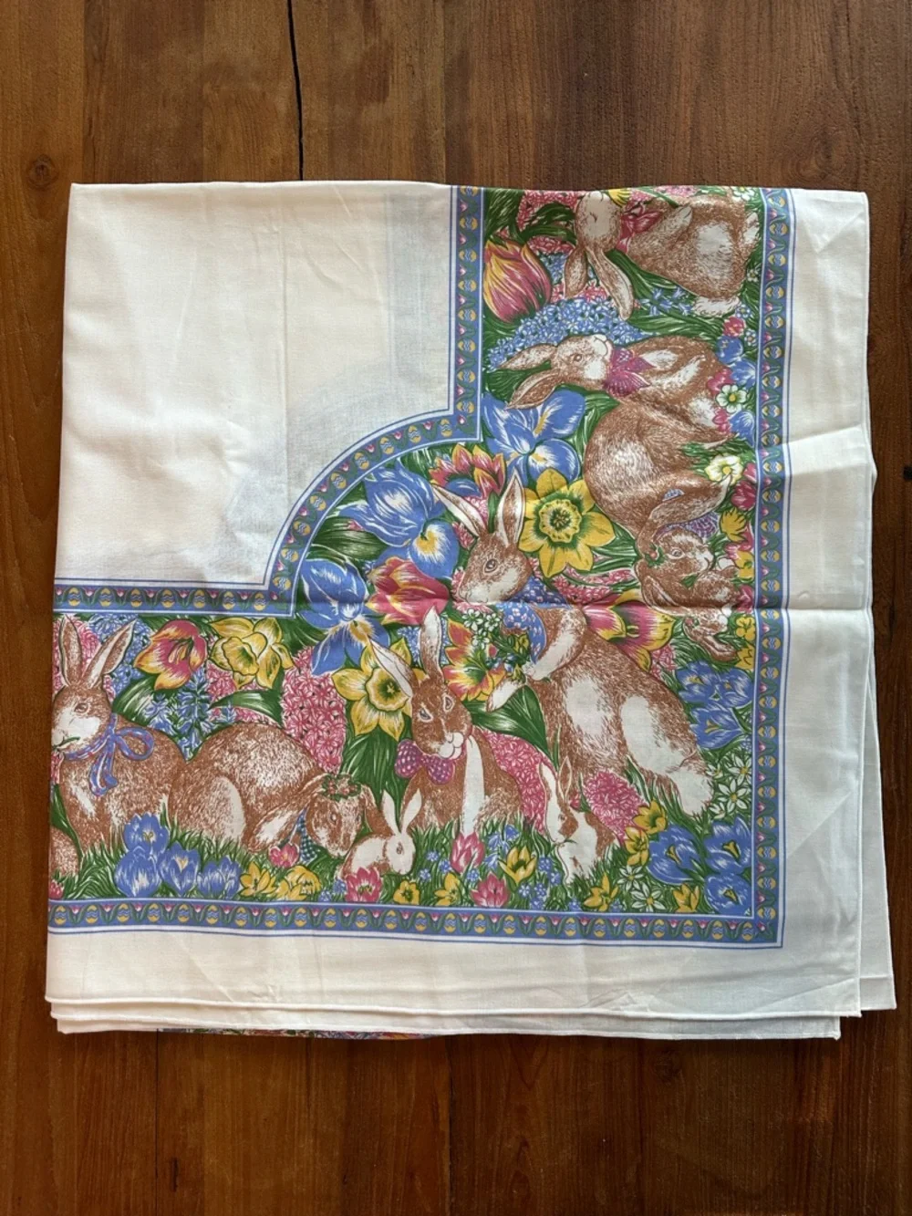 Vintage 90s Easter Bunny Floral Tablecloth Cotton Cottagecore Spring Decor